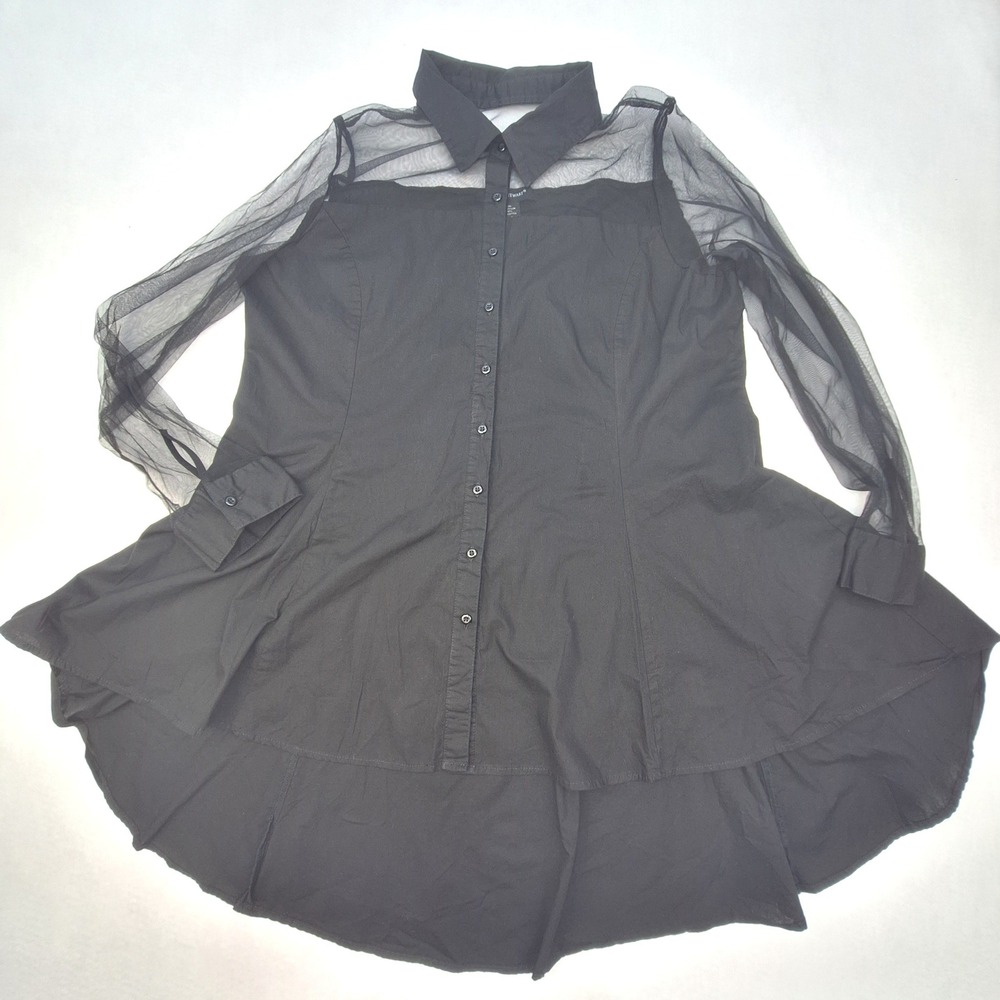 Ashley Stewart Tunic Womens 14 Black Mesh Sheer High Low Button Up Goth Top